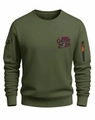 Detail of army green sweatshirt featuring orange zipper pulls and Qatar 2026 sleeve pocket - S / Army Green