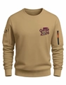 Detail view of khaki sweatshirt with QATAR 2026 print and orange zipper sleeve pocket - S / Khaki