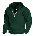 Detail of dark green half-zip hoodie featuring drawstring hood and kangaroo pocket - M / Green
