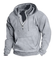 Detail of grey men's hoodie featuring a half-zip neckline, drawstring hood and kangaroo pocket - M / Light Gray