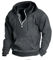 Detail of men's charcoal grey half-zip hoodie with drawstring hood and kangaroo pocket - M / Dark Gray