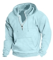 Detail view of light blue men's hoodie featuring half-zip collar and ribbed cuffs - M / Lake Blue