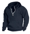 Detail eines dunkelblauen Hoodies mit weißem Reißverschluss, Kordelzug und Kängurutasche - M / Marineblau