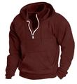 Detailansicht eines bordeauxroten Herren-Hoodies mit Halbreißverschluss und Kontrast - M / Ziegelrot