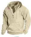 Detail eines khakifarbenen Herren-Hoodies mit halbem Reißverschluss, Kapuze und Kängurutasche - M / Aprikose