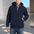 Men's navy blue half-zip hoodie with white contrast zipper and large kangaroo pocket - M / Navy Blue