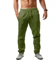 Breathable olive green linen casual pants for men with comfortable drawstring waist - S / Army Green