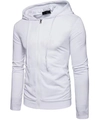 Detail showing white zip-up hoodie with drawstring hood and ribbed cuffs in a clean view - S / White