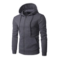 Détail d'un sweat à capuche gris zippé avec cordon de serrage et zip métallique - Gris foncé