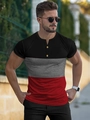 Ανδρικό μπλουζάκι Henley με κοντό μανίκι και τρίχρωμο σχέδιο σε μαύρο, γκρι και κόκκινο χρώμα - S / Μαύρο Γκρι Κόκκινο Patchwork