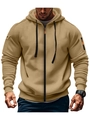 Detailed view of khaki zip-up hoodie featuring utility sleeve pocket and ribbed cuffs - S / Khaki