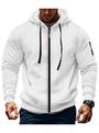 Detail of white men's hoodie showing orange zipper puller and sleeve zipper pocket - S / White