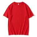 Detail of red crew neck cotton T-shirt with M size label and smooth fabric texture - S / Red