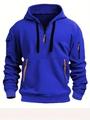 Détail d'un sweat à capuche bleu roi avec poches tactiques, demi-zip et tirettes en cuir - Bleu saphir