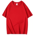 Détail du col rond et de l'étiquette tissée sur un t-shirt rouge en coton peigné 260g - S / Rouge