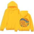 Detail of yellow hoodie featuring ribbed cuffs and back sunrise graphic print - S / Yellow-Here Comes The Sun