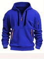 Detail eines dunkelblauen Hoodies mit Ärmeltasche mit Reißverschluss und Lederakzenten - S / Blau