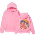 Detail of pink hoodie featuring the vintage Here Comes The Sun print on the back - S / Pink-Here Comes The Sun