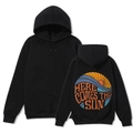 Detail view of black hoodie back print featuring sun and waves with Here Comes The Sun text - Black