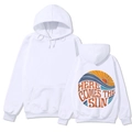 Detailed front and back view of white hoodie with sunset graphic and kangaroo pocket - White