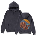 Detail of loose dark grey hoodie with Here Comes The Sun retro back print and front pocket - Dark Gray