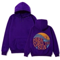 Detail of purple oversized hoodie featuring vintage sun back print and pouch pocket - Purple