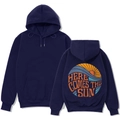 Detail of navy hoodie back print with retro sun and waves and large kangaroo pocket - Navy Blue