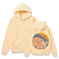 Detail view of sunset graphic and Here Comes The Sun text on the back of beige hoodie - Khaki