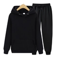 Men's black hooded tracksuit set with fleece sweatshirt and jogger pants on white background - S / Black