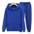 Detail view of royal blue hooded tracksuit set featuring kangaroo pocket and elastic waist - S / Blue