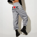 Grey joggers featuring I Heart My Boyfriend print on back and elasticated waist - S / Bottoms / Light Gray (Back Print)