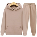 Men's khaki fleece tracksuit featuring hooded sweatshirt with kangaroo pocket and joggers - S / Camel