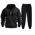 Detail of black sports tracksuit featuring tactical sleeve pockets with neon yellow zippers - S / Black