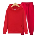 Close-up of red fleece tracksuit with drawstring hoodie and elastic waist joggers - S / Red