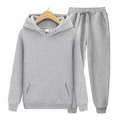 Detailed view of light gray fleece hooded tracksuit with kangaroo pocket and drawstring pants - S / Gray