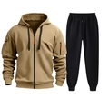 Detail of khaki zip-up hoodie with tactical arm pocket and matching black joggers set - S / Top And Bottom / Khaki