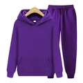Detail view of purple fleece hoodie and matching joggers on a wooden hanger - S / Purple