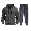 Detail of dark grey track suit with hood, zipper pocket and bright orange accents - S / Dark Gray