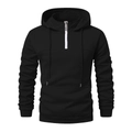 Detail of men's black half-zip hoodie showing the 1/4 zip collar and kangaroo pocket - M / Black
