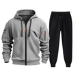 Close-up of gray hooded tracksuit jacket with orange zipper and black jogger pants - S / Light Gray And Black