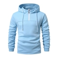 Detail of light blue men hoodie featuring quarter-zip collar, drawstring hood and kangaroo pocket - M / Sky Blue