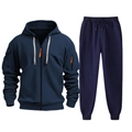 Detail of navy blue men's tracksuit featuring orange zipper pulls and drawstring hoodie - S / Navy Blue