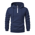 Detail view of a navy blue men's half-zip hoodie with ribbed cuffs and kangaroo pocket - M / Navy Blue