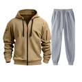 Detailed view of men's khaki hooded zip-up sweatshirt and grey joggers sports set - S / Khaki Top With Light Gray Pants