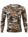 Detail of round neck camouflage sports shirt showing moisture-wicking fabric and size label - CP Camouflage