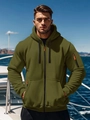 Detail of army green men's hoodie showing multiple zip pockets and orange zipper pullers - S / Army Green