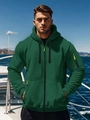 Detail of dark green hoodie featuring multi-zipper pockets and neon green drawstrings - 3XL / Dark Green