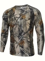 Detail of crew neck and quick-dry forest camouflage fabric on men's outdoor long sleeve shirt - Dead Leaf Camouflage