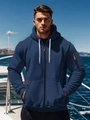 Men's dark blue zip-up hoodie with contrast drawstrings and tactical sleeve pocket - S / Navy Blue