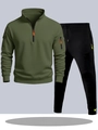 Ensemble de survêtement homme vert olive et noir avec détails contrastants et zip - S / Haut Et Bas / Haut Vert Armée avec Pantalon Noir